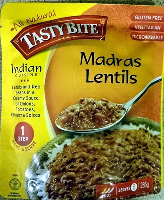 Calories in Tasty Bite Indian madras lentils red beans & spices simmered in a creamy tomato sauce indian madras lentils