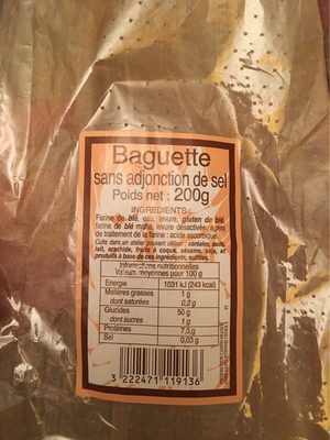 calorie Baguette sans adjonction de sel