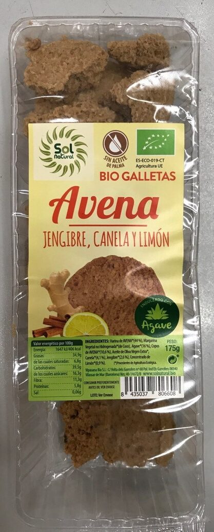 SOLNATURAL Galletas DE Avena Jengibre Canela-Limon 175 g No aplicable