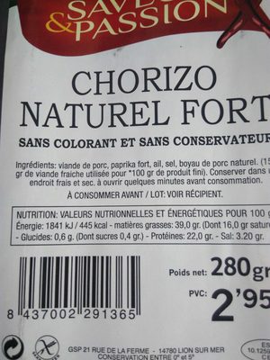 calorie Chorizo Naturel Fort